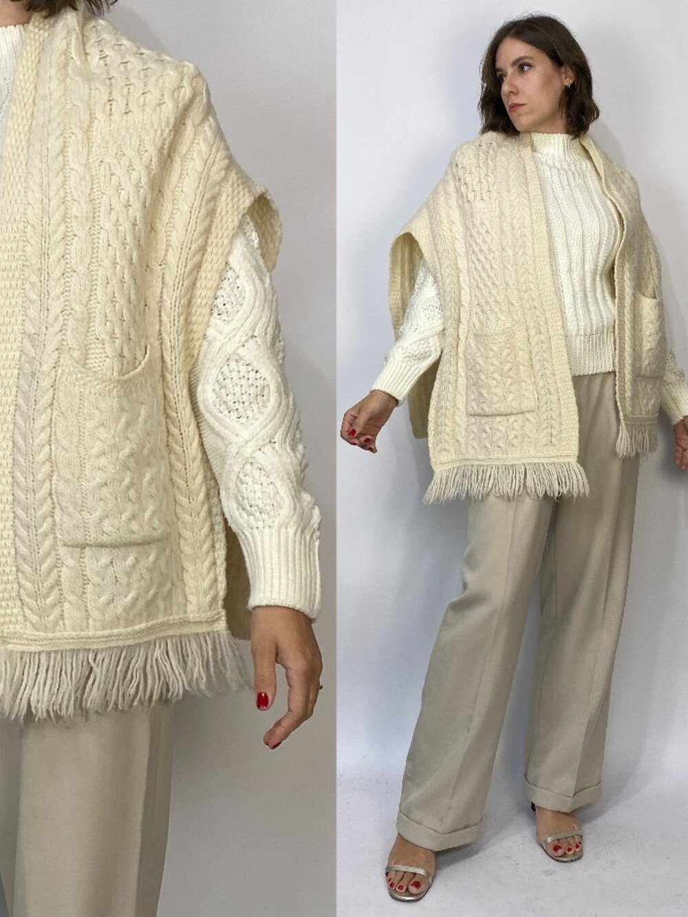 IRISH WOOL Cable Knit Fringe CAPE with Pockets! One Size